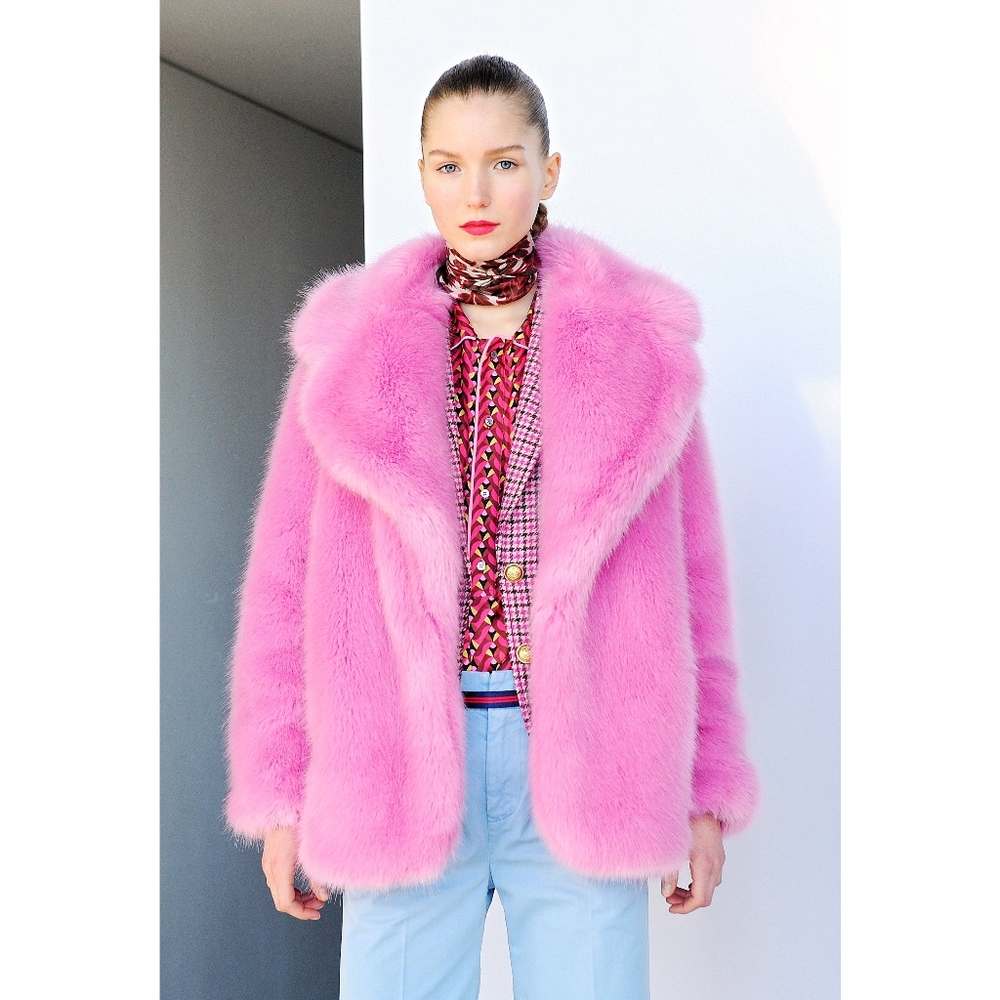 Revolve Brognano Barbiecore Pink Faux Fur Maxamilist Oversized Bomber Jacket